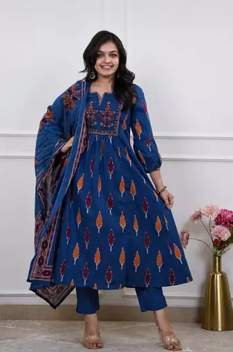 Beautiful premium blue printed &  embroidered cotton kurta set with dupatta