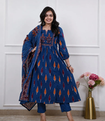Beautiful premium blue printed &  embroidered cotton kurta set with dupatta