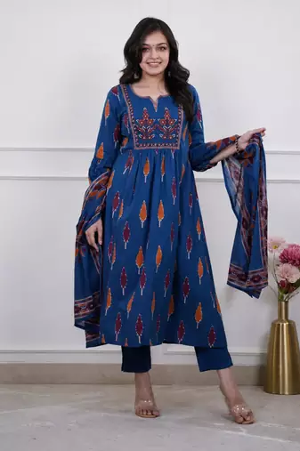 Beautiful premium blue printed &  embroidered cotton kurta set with dupatta