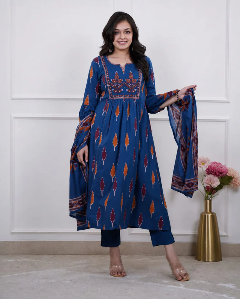 Beautiful premium blue printed &  embroidered cotton kurta set with dupatta