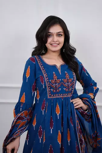 Beautiful premium blue printed &  embroidered cotton kurta set with dupatta