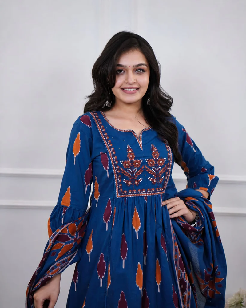 Beautiful premium blue printed &  embroidered cotton kurta set with dupatta