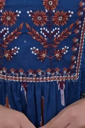 Beautiful premium blue printed &  embroidered cotton kurta set with dupatta