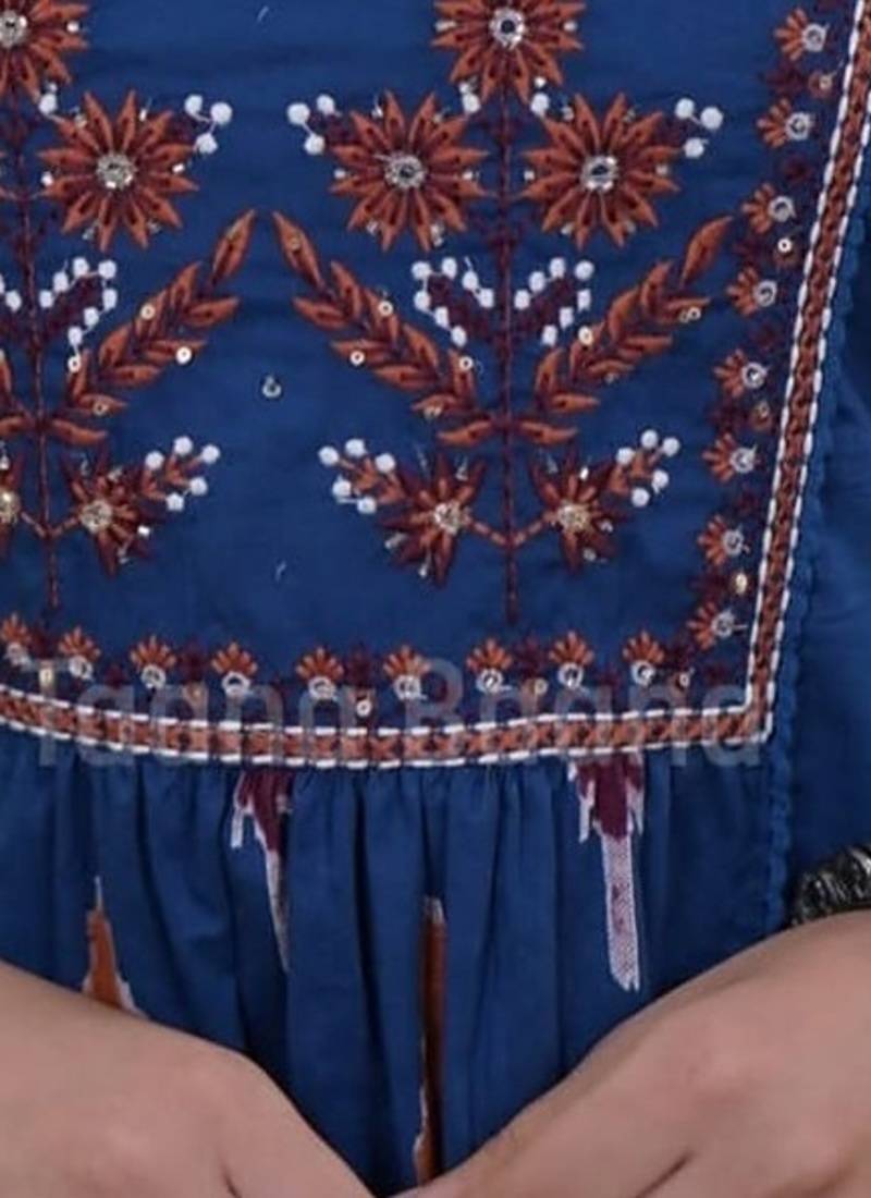 Beautiful premium blue printed &  embroidered cotton kurta set with dupatta