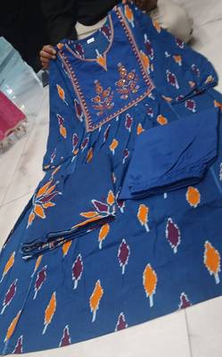 Beautiful premium blue printed &  embroidered cotton kurta set with dupatta 5