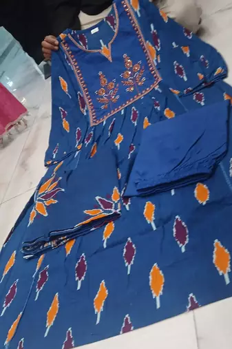 Beautiful premium blue printed &  embroidered cotton kurta set with dupatta