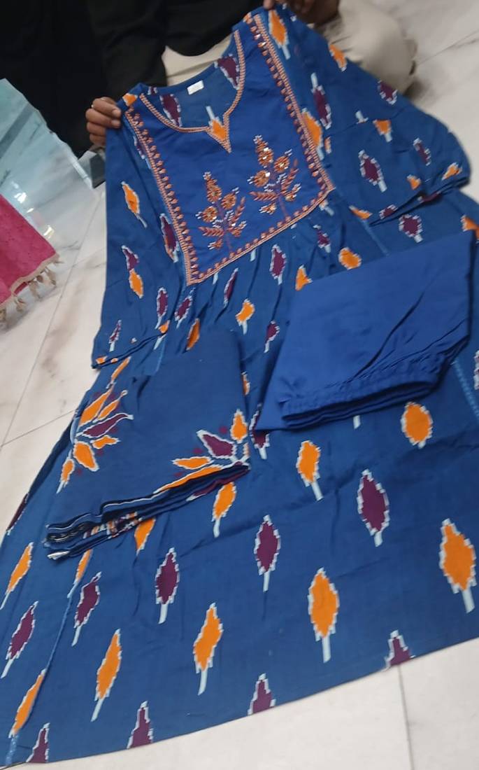 Beautiful premium blue printed &  embroidered cotton kurta set with dupatta