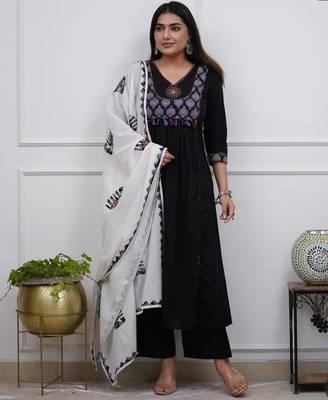 Beautiful premium black premium cotton embroidered kurti pant dupatta set 1