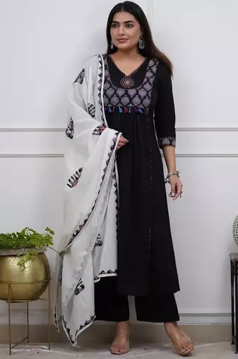 Beautiful premium black premium cotton embroidered kurti pant dupatta set