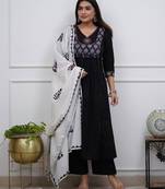 Beautiful premium black premium cotton embroidered kurti pant dupatta set