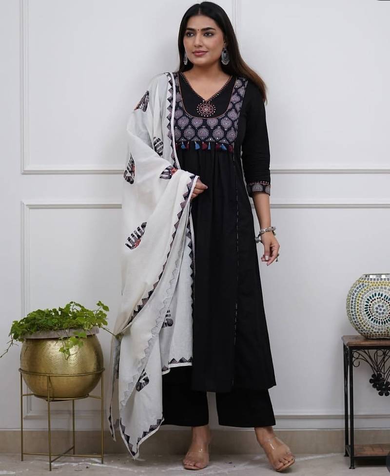 Beautiful premium black premium cotton embroidered kurti pant dupatta set