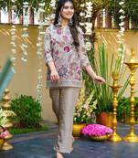 Beige vichitra silk sequence embroidered keyhole neck kurta co-ord set