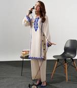 Cream chanderi silk sequence embroidered round neck pakistani kurta set