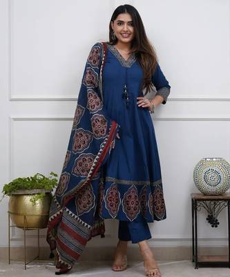 Beautiful premium blue flared anarkali cotton kurti set with a block-printed dupatta 1