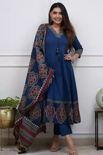 Beautiful premium blue flared anarkali cotton kurti set with a block-printed dupatta