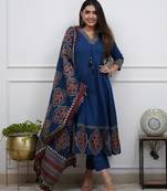 Beautiful premium blue flared anarkali cotton kurti set with a block-printed dupatta