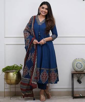 Beautiful premium blue flared anarkali cotton kurti set with a block-printed dupatta 2