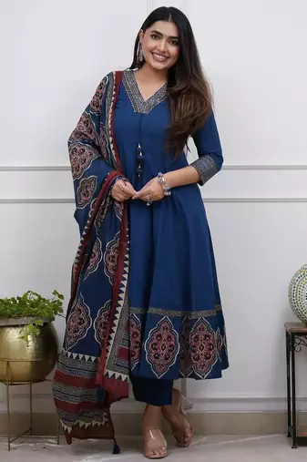 Beautiful premium blue flared anarkali cotton kurti set with a block-printed dupatta