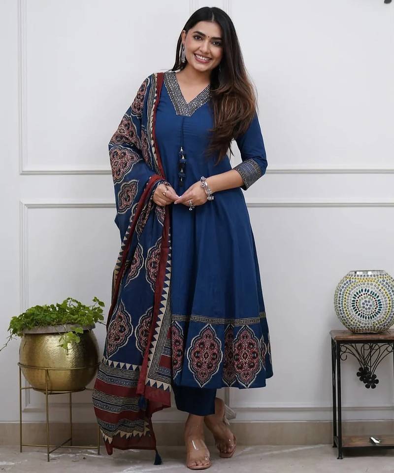 Beautiful premium blue flared anarkali cotton kurti set with a block-printed dupatta