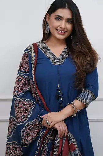 Beautiful premium blue flared anarkali cotton kurti set with a block-printed dupatta