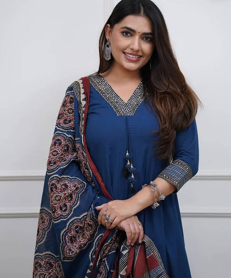 Beautiful premium blue flared anarkali cotton kurti set with a block-printed dupatta