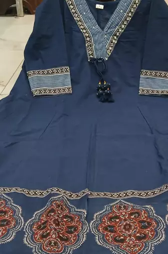 Beautiful premium blue flared anarkali cotton kurti set with a block-printed dupatta