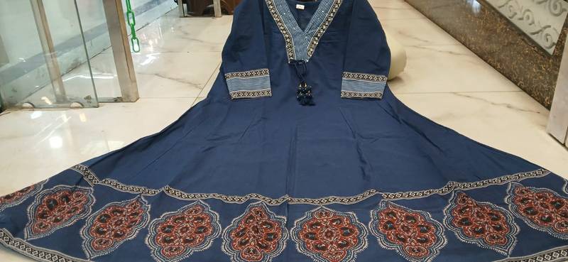 Beautiful premium blue flared anarkali cotton kurti set with a block-printed dupatta