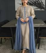 Beige chanderi silk sequence embroidered kurta set with aqua chinon dupatta