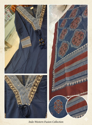 Beautiful premium blue flared anarkali cotton kurti set with a block-printed dupatta 5