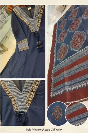 Beautiful premium blue flared anarkali cotton kurti set with a block-printed dupatta