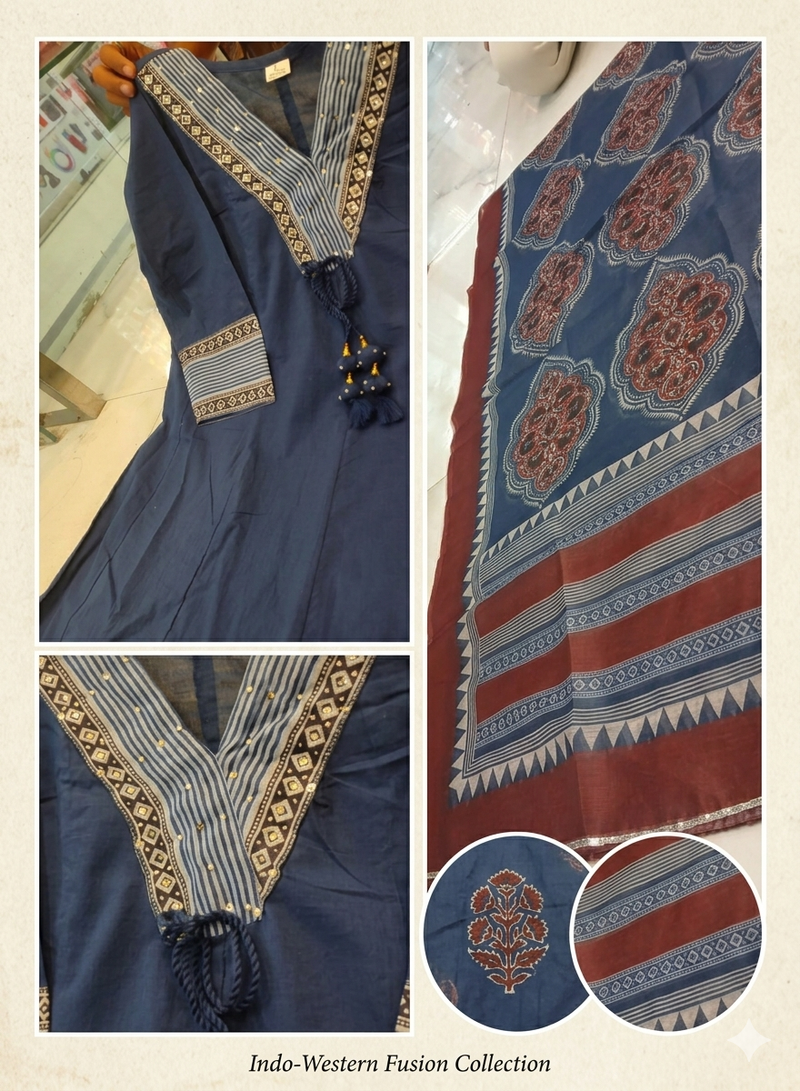 Beautiful premium blue flared anarkali cotton kurti set with a block-printed dupatta