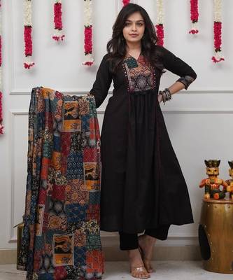 Beautiful premium black anarkali kurti set featuring a patchwork embroidered yoke and a patterned dupatta 1