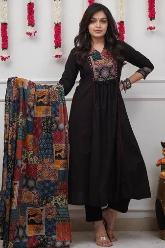 Beautiful premium black anarkali kurti set featuring a patchwork embroidered yoke and a patterned dupatta