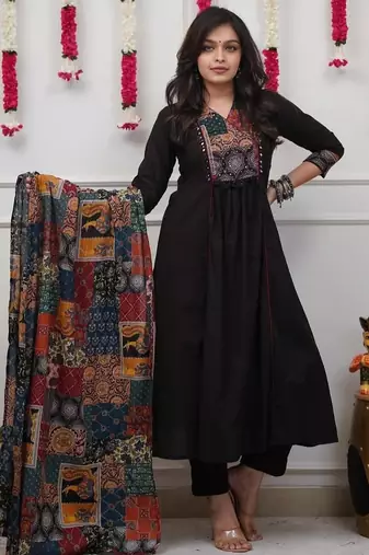 Beautiful premium black anarkali kurti set featuring a patchwork embroidered yoke and a patterned dupatta