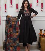 Beautiful premium black anarkali kurti set featuring a patchwork embroidered yoke and a patterned dupatta