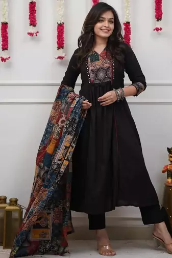 Beautiful premium black anarkali kurti set featuring a patchwork embroidered yoke and a patterned dupatta