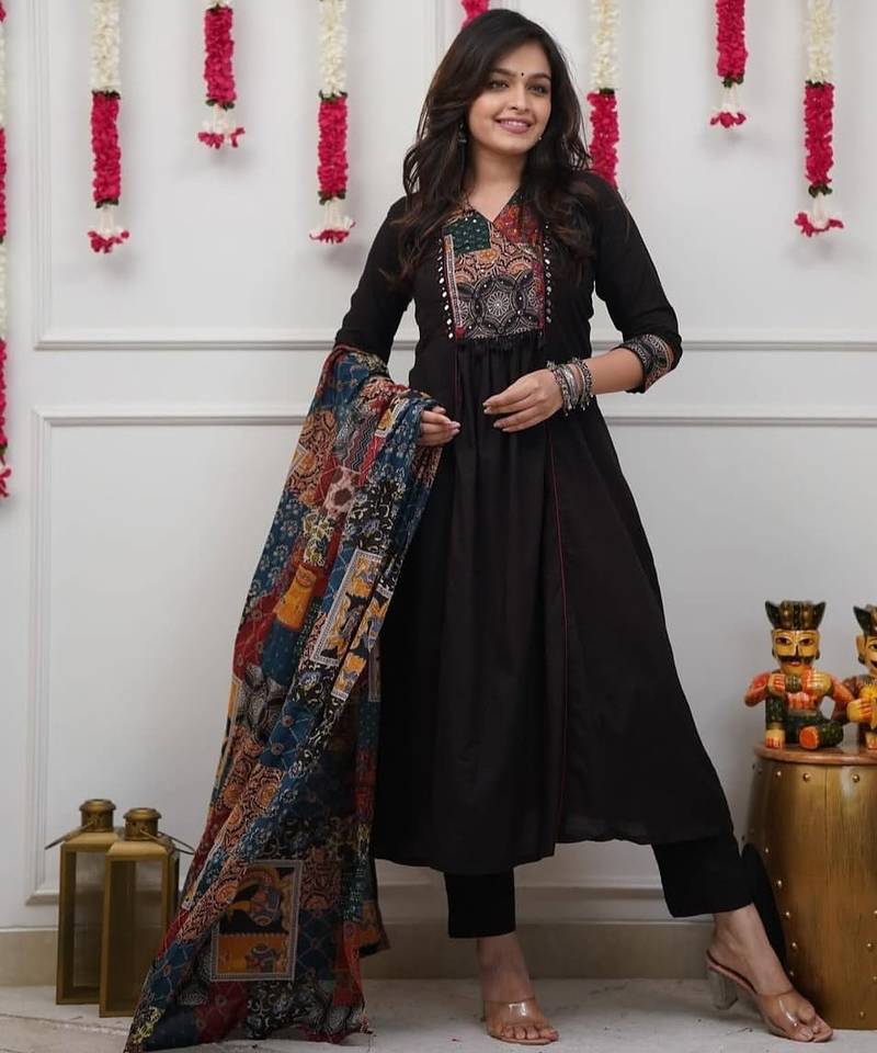 Beautiful premium black anarkali kurti set featuring a patchwork embroidered yoke and a patterned dupatta