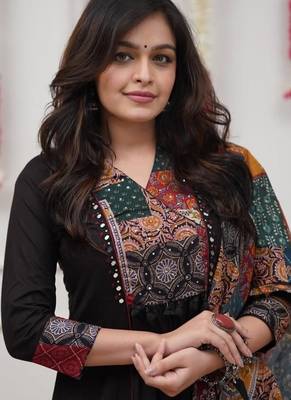 Beautiful premium black anarkali kurti set featuring a patchwork embroidered yoke and a patterned dupatta 3