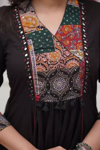 Beautiful premium black anarkali kurti set featuring a patchwork embroidered yoke and a patterned dupatta