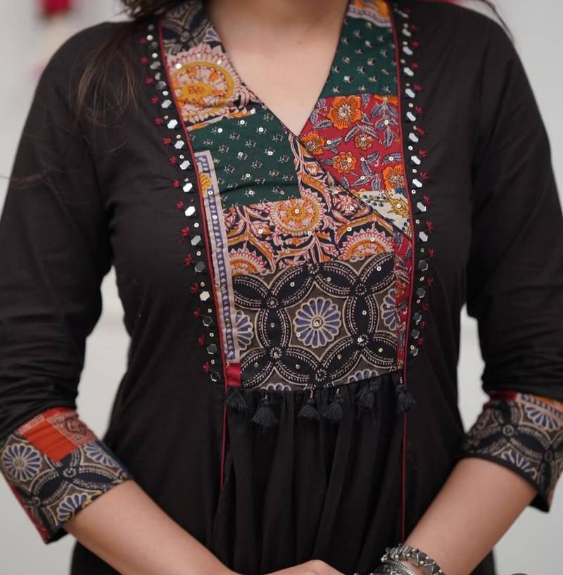 Beautiful premium black anarkali kurti set featuring a patchwork embroidered yoke and a patterned dupatta