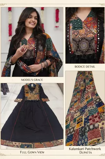 Beautiful premium black anarkali kurti set featuring a patchwork embroidered yoke and a patterned dupatta