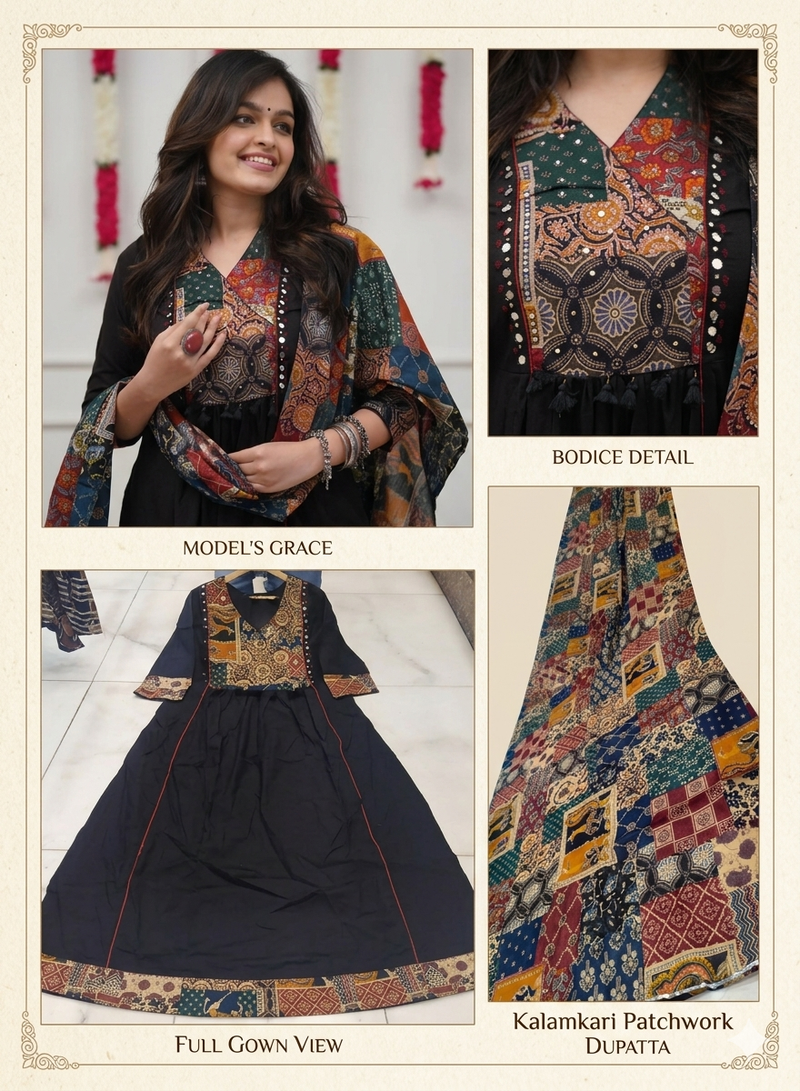 Beautiful premium black anarkali kurti set featuring a patchwork embroidered yoke and a patterned dupatta
