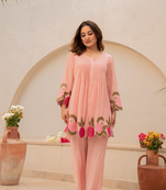 Peach chanderi silk sequence embroidered round neck kurta co-ord set