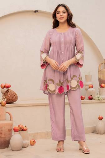 Lavender chanderi silk sequence embroidered round neck kurta co-ord set