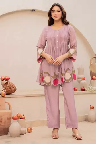 Lavender chanderi silk sequence embroidered round neck kurta co-ord set