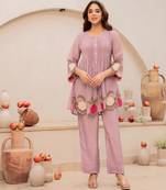 Lavender chanderi silk sequence embroidered round neck kurta co-ord set