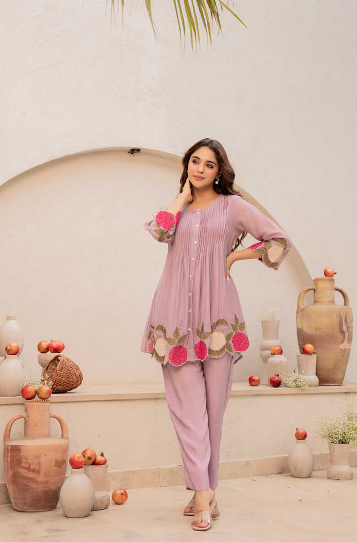 Lavender chanderi silk sequence embroidered round neck kurta co-ord set