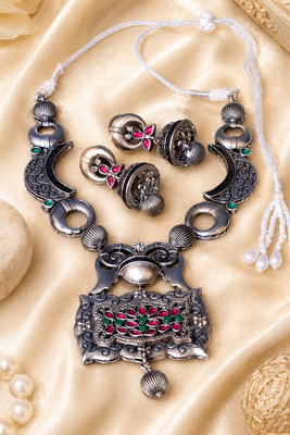 Tribal Bloom Oxidized Silver Necklace Set 3