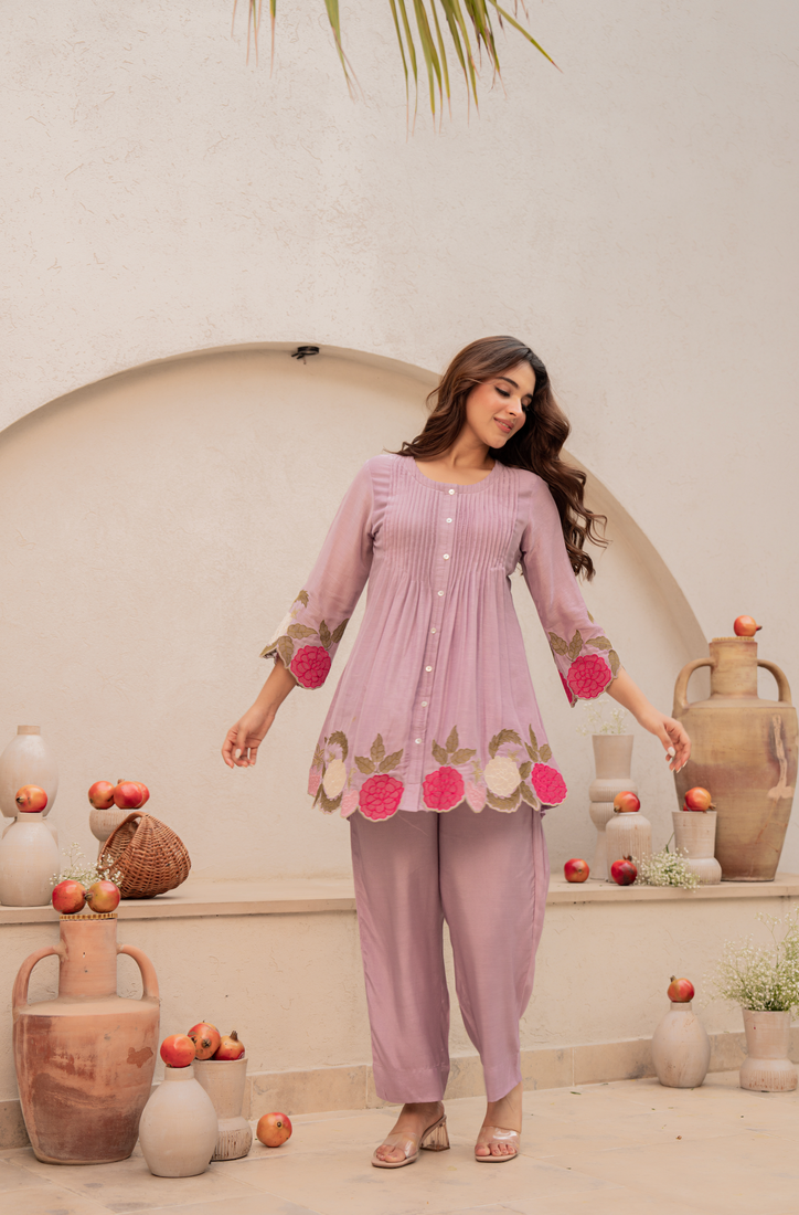 Lavender chanderi silk sequence embroidered round neck kurta co-ord set
