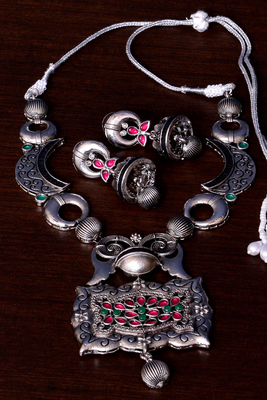 Tribal Bloom Oxidized Silver Necklace Set 4